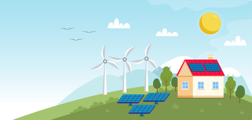 Concept illustration for ecology, green power, wind energy. Green energy - landscape with wind power station, solar panels, small house. Ecology illustration in flat style - 430162637