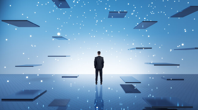 Businessman silhouette standing in space with stars and multiple plates, blue background. Dreaming and infinity concept