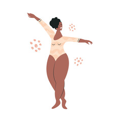 Body positive plump african american woman. Plus size girl in bikini swimsuit. Chubby large lady model, gymnast and ballerina. Dancing overweight cartoon female character. Flat vector illustration