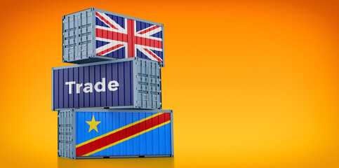 Freight containers with United Kingdom and Democratic Republic of the Congo national flags. 3D Rendering 