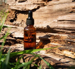 Cosmetic bottle on a background of wood and green grass. Glass bottle for serum or essential oil. Natural cosmetics concept from wild plants. Front view.