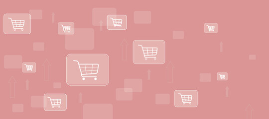 Multiple shopping cards icons on a light pink background with blank space on the right, internet shop and purchase concept, 3d rendering, mock up
