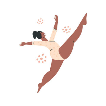 Body positive plump african american woman. Plus size girl in bikini swimsuit. Chubby large lady model, gymnast and ballerina. Jumping overweight cartoon female character. Flat vector illustration