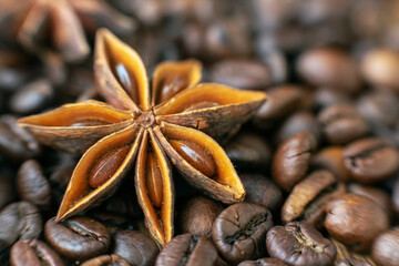 Closeup of star anise and coffee grains, seasoning ingredients for cooking or baking