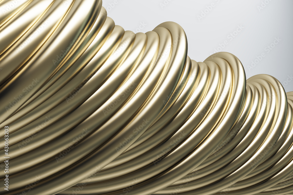 Poster Golden spiral pattern made of multiple wires on a white background closeup. Wallpaper and background presentation design concept, 3d rendering