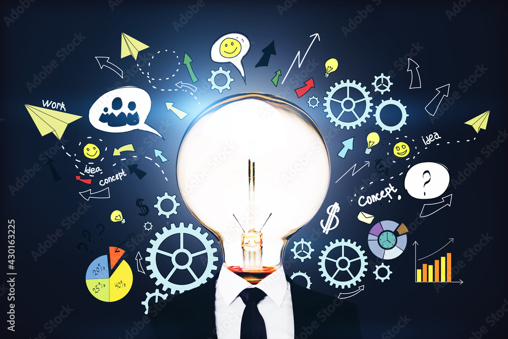 Aufkleber Brainstorming and idea concept with glowing light bulb instead of head on businessman body and handwritten colorful sketch of business process on background