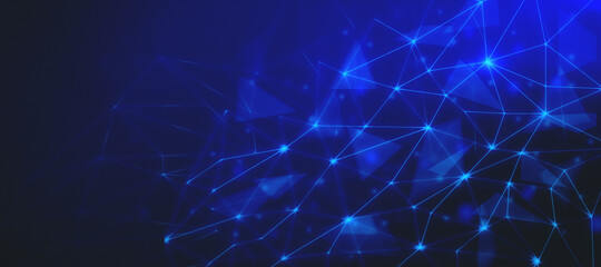 Bright blue backdrop with bright lines connected in triangles. 3D rendering, mock up