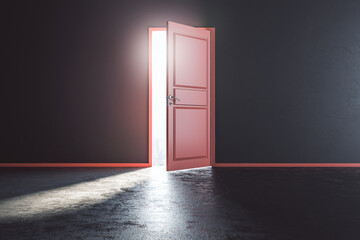 There is always a way out concept with sunlight coming through red open door into dark room