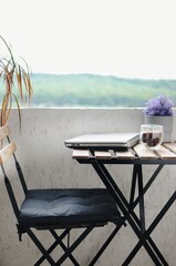 Work on fresh air. Morning at balcony. Work from home. Remote learning