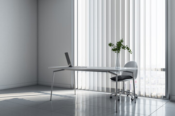 Stylish workspace in sunny modern office with blinds on big windows, white table and glossy floor