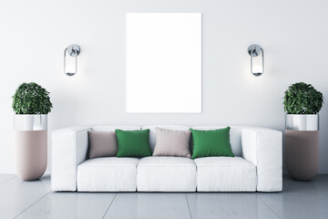 White sofa with green and pink cushions in a bright room with a blank poster on the wall, 3d rendering, mock up
