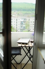 Work on fresh air. Morning at balcony. Work from home. Remote learning