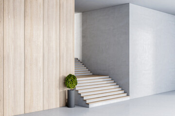 Perspective view on wooden and concrete stairs between wooden and concrete wall at the entrance. 3D...