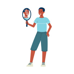 Self acceptance - vector illustration of cartoon man holding mirror