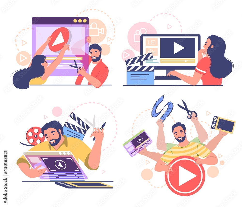 Poster motion graphic video designer, animator character set, flat vector illustration. people creating com