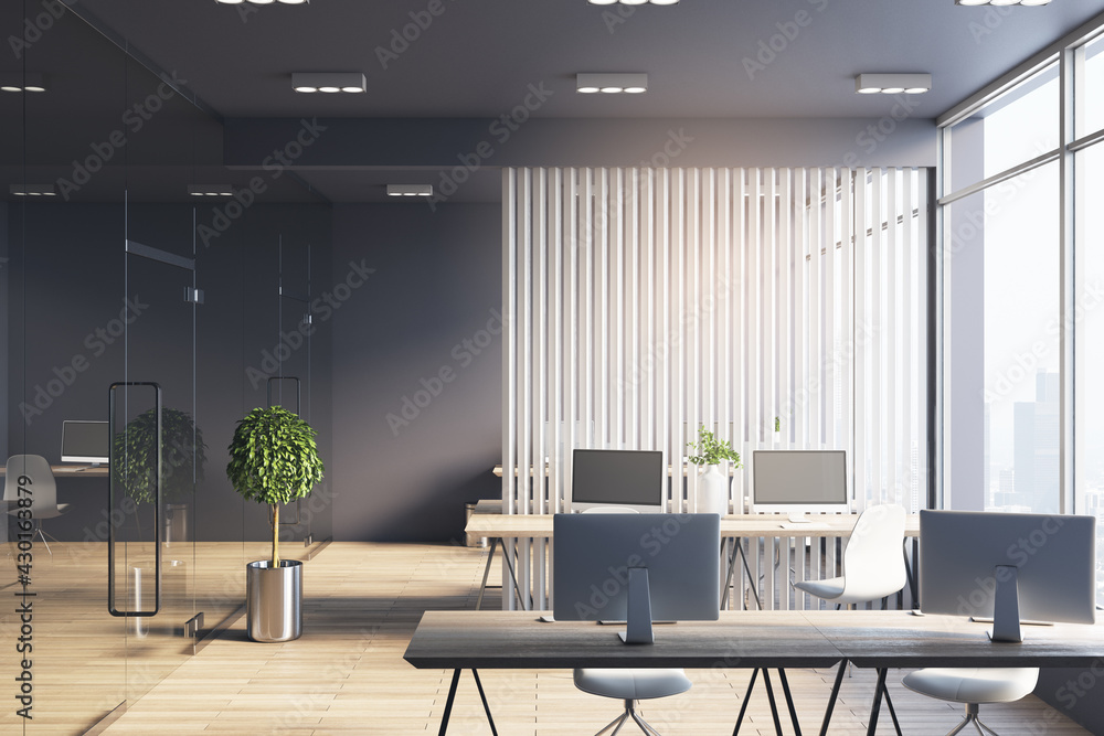 Poster monochrome style office hall with white wooden slatted partition between workspaces, dark ceiling an