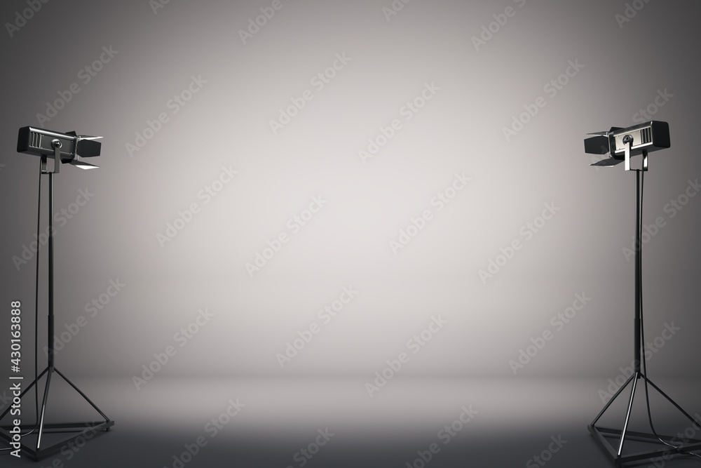 Poster Empty light stage with spotlights on the sides. 3D rendering, mock up