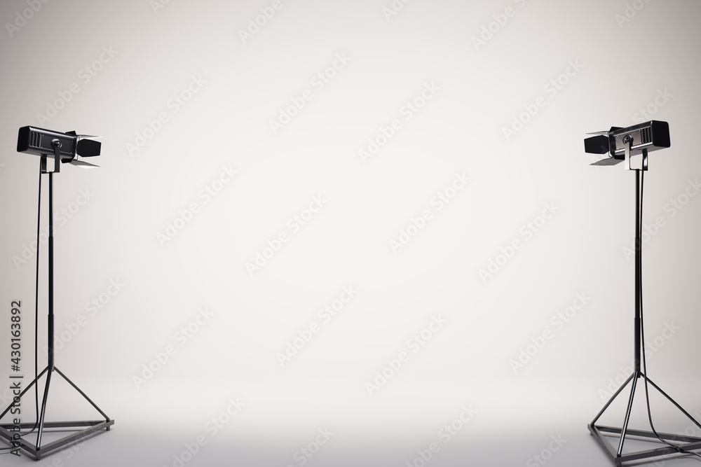 Poster blank white background on empty stage with black floor spotlights on the sides. 3d rendering, mockup