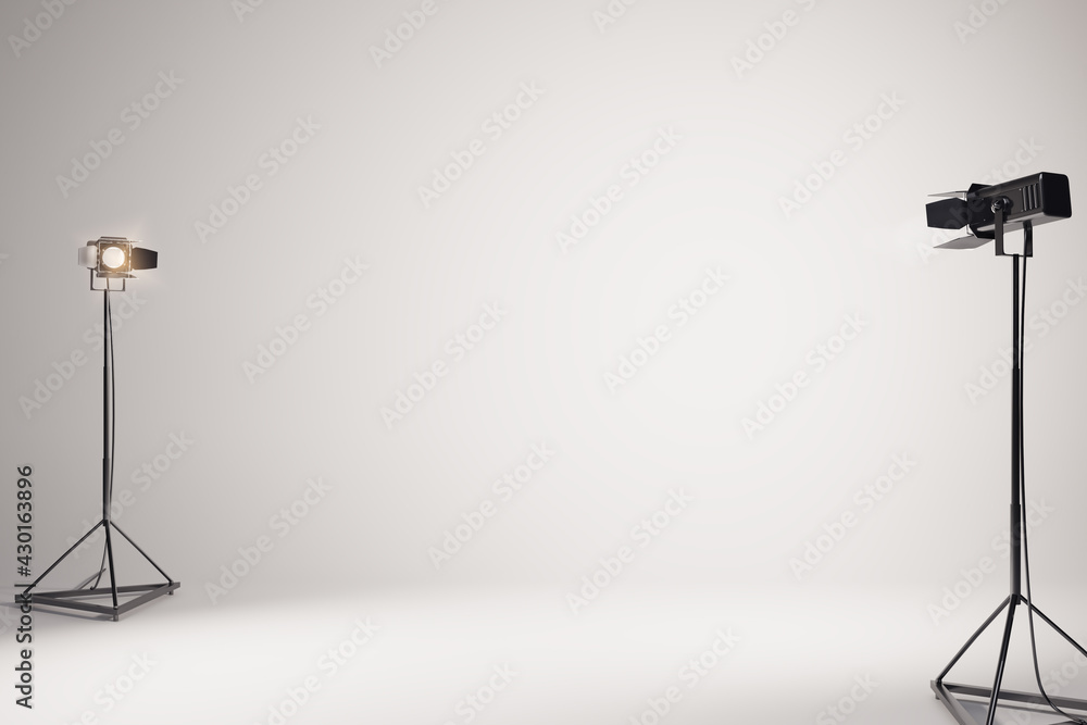 Poster studio shooting with blank white background and spotlights on floor. 3d rendering, mockup