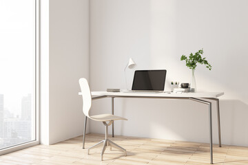 Sunny stylish work place in home office area with light wooden chair and table and city view from...