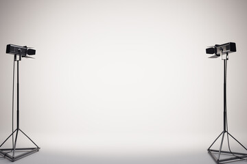 Blank white background on empty stage with black floor spotlights on the sides. 3D rendering, mockup