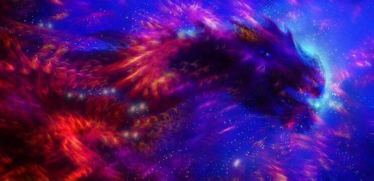 Cosmic dragon in space and stars, blue and red cosmic abstract background. Fire effect