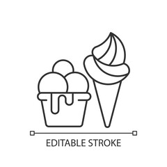 Ice cream to go linear icon. Frozen treats delivery. Gelato, sorbet. Frozen dessert with flavors. Thin line customizable illustration. Contour symbol. Vector isolated outline drawing. Editable stroke