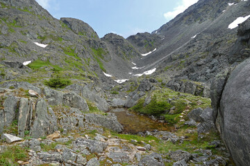 Famous Chilkoot Pass on Chilkoot Trail, Klondike Gold Rush National Historic Park, popular hiking route, Alaska, United States