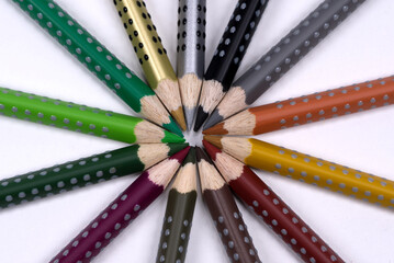 Colored pencils arranged in a circle. Photo taken April 25th, 2021, Zurich, Switzerland.