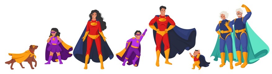 Family of superheroes, cartoon character set, flat vector illustration. Grandparents parents kids in super hero costumes © Siberian Art