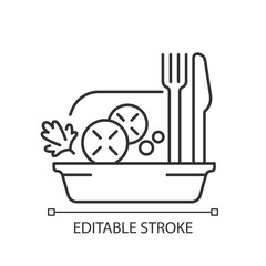 Takeaway salads linear icon. Healthy food delivery. Green, meat salad. Low in calories meal. Thin line customizable illustration. Contour symbol. Vector isolated outline drawing. Editable stroke