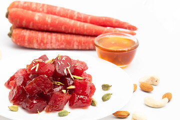 Ayurvedic Gajar Ka Murabba Or Gazar Murba Is Carrot Jam Made Of Carrots, Sugar Syrup And Bee Honey Shahad Madhu. It Can Be Preserved And Stored. Isolated On White Background