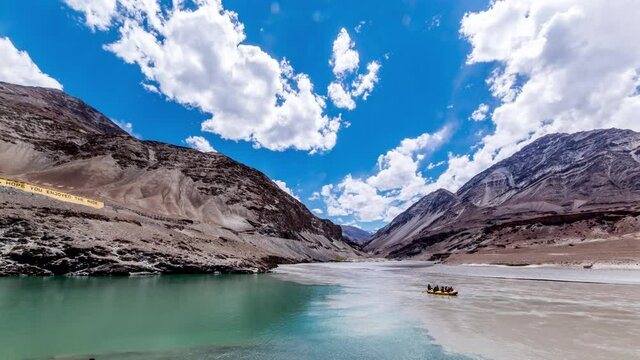 Time Lapse of Confluence of Zanskar & Indus Rivers & Clouds with Himalaya Mountains at Sangam, Leh City, Ladakh, India