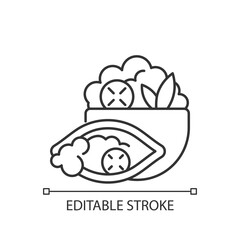 Burrito bowl linear icon. Meal with rice, beans, steak, veggies. Burrito without tortilla. Thin line customizable illustration. Contour symbol. Vector isolated outline drawing. Editable stroke