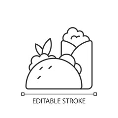 Takeaway mexican food linear icon. Burritos and tacos. Traditional mexican cuisine. Thin line customizable illustration. Contour symbol. Vector isolated outline drawing. Editable stroke