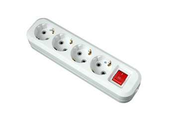 This is an electric splitter for four outlets with a power button. Isolated on a white background.