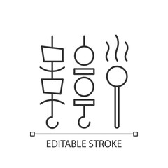 Shish kebabs and meat pops to go linear icon. Barbecues. Cooked lamb over open fire. Thin line customizable illustration. Contour symbol. Vector isolated outline drawing. Editable stroke