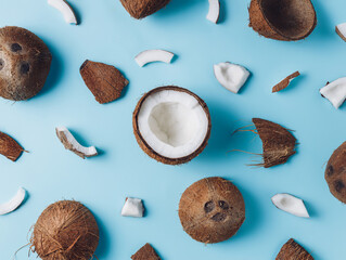 Coconut pattern with chunks on pastel blue background. Creative tropical summer texture concept....