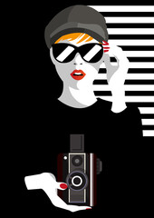 Fashion woman with foto camera in style Pop art. Vector illustration - 430166241