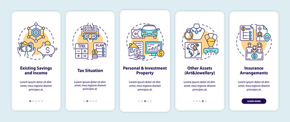 Comprehensive wealth planning onboarding mobile app page screen with concepts. Savings, assets walkthrough 5 steps graphic instructions. UI, UX, GUI vector template with linear color illustrations