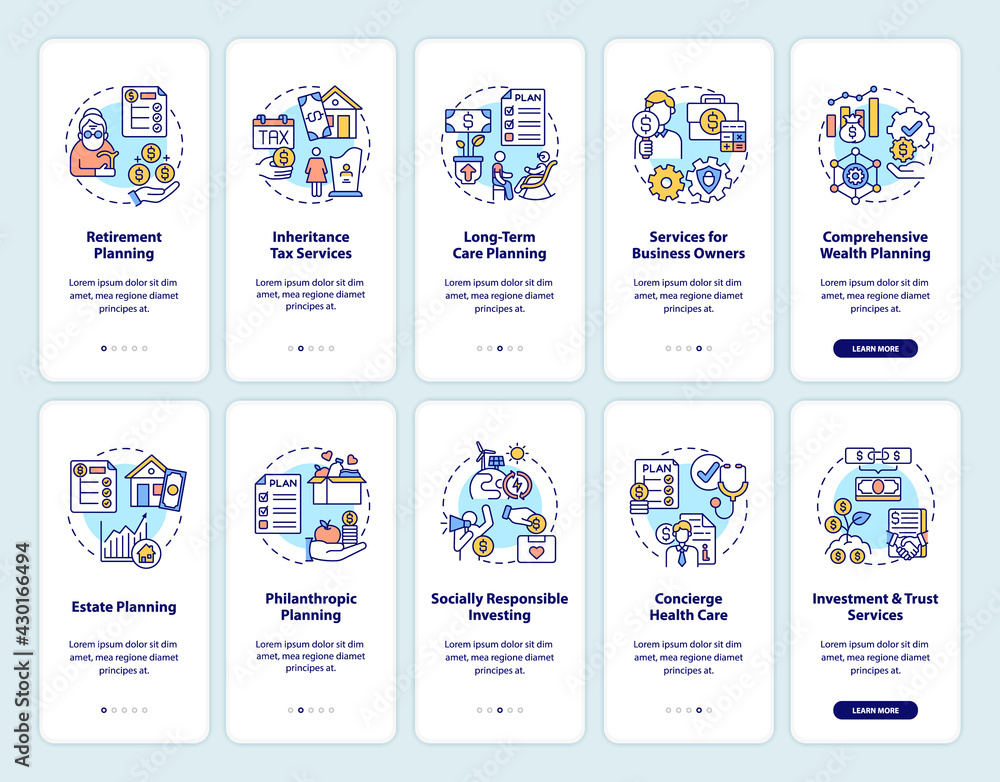Poster wealth planning onboarding mobile app page screen with concepts set. financial strategies walkthroug