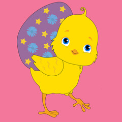 Easter Chick. Easter poster, background or card with cute Chicken with Easter Egg. Cartoon vector illustration.