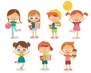 Vector set, group of small, little children, kids, friends mates standing with snacks, treats going to go to movie theatre, cinema with popcorn, ice-cream, cola, burger, sandwich.