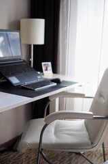 Cozy work place at home. Remote job while quarantine. Simple modern interior
