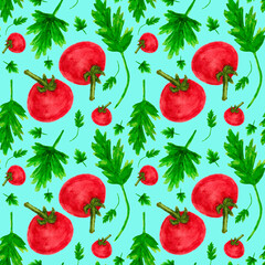 Seamless pattern with tomatoes and herbs on a turquoise background. The vegetable illustration is hand-drawn in watercolour. Can be used for fabric, wrapping paper, cover, postcard.