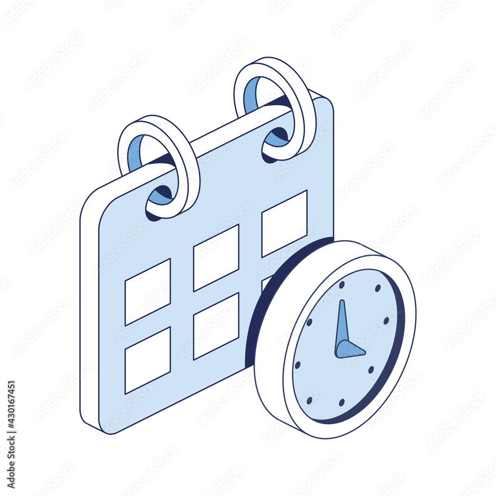 Poster calendar time clock. vector 3d line isometric, web icons, blue color. creative design idea for infog