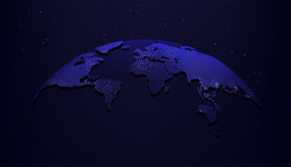 View earth from space drawing vector illustration. Night blue futuristic background with planet Earth and night lights. 