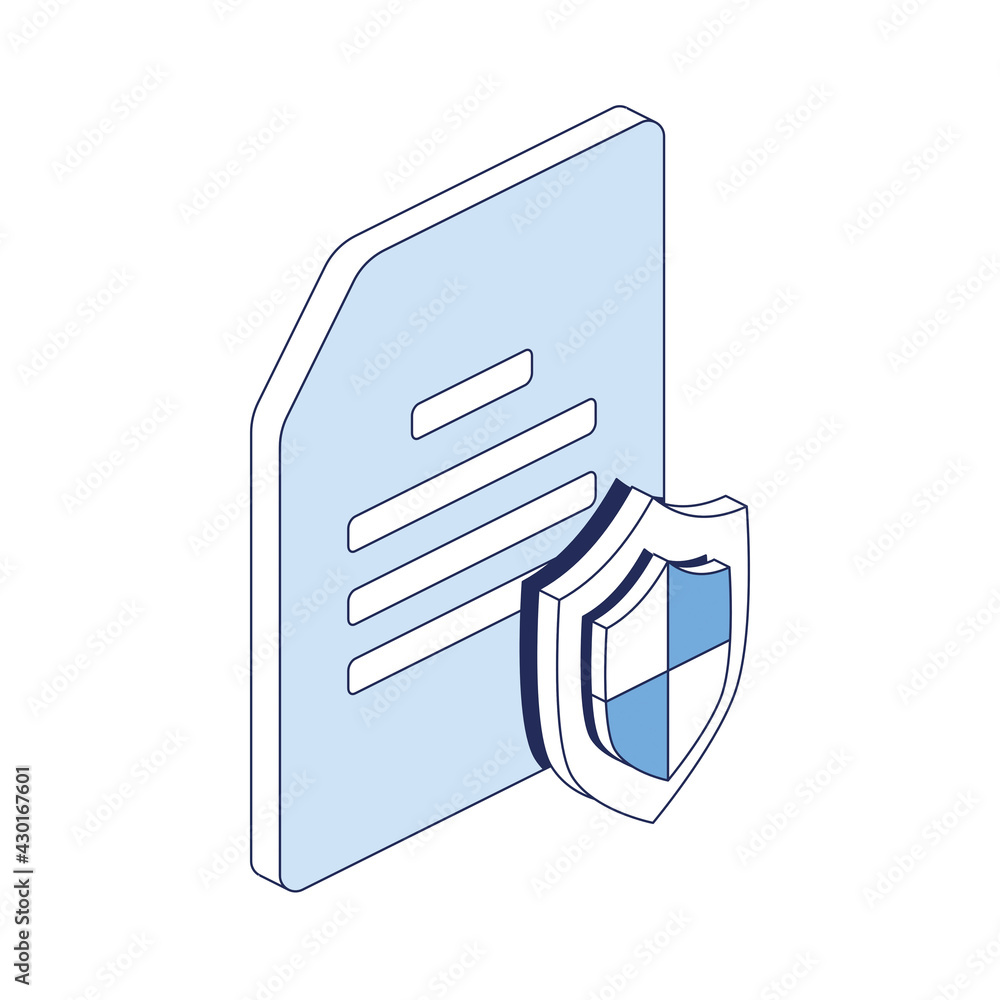 Aufkleber document shield security. vector 3d line isometric, web icons, blue color. creative design idea for 