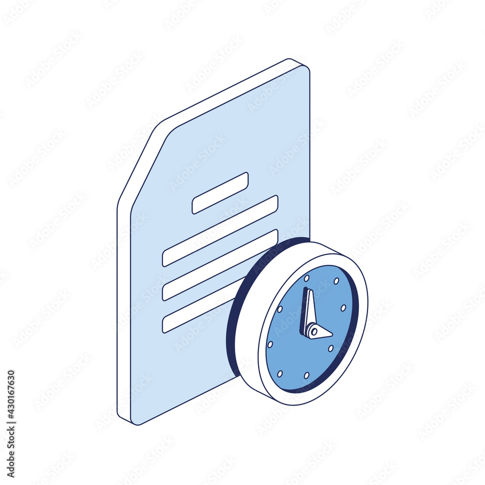 Poster document time clock. vector 3d line isometric, web icons, blue color. creative design idea for infog