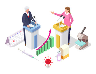 Coronavirus Covid-19 global vaccination political debates, flat vector isometric illustration. Vaccine politics.